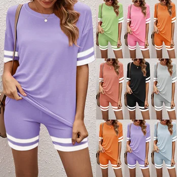 2023 Весенне-летняя футболка для пригородных поездок, Хлопковая Домашняя одежда без рукавов, Уличная мода, Фиолетовые брюки, комплект с коротким рукавом