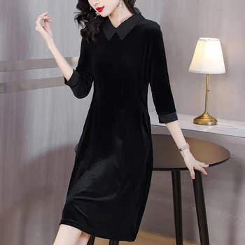2023 Новое черное шелковое бархатное платье с длинным рукавом для женщин на осень и зиму, новая темпераментная высококачественная юбка средней длины до колена