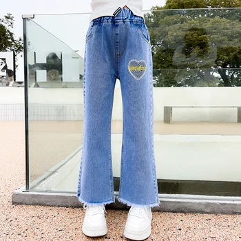 2023 Новые осенние джинсовые брюки с желтыми буквами love для корейских девушек, широкие брюки с высокой посадкой, хлопковые мягкие накладные брюки с дырками.