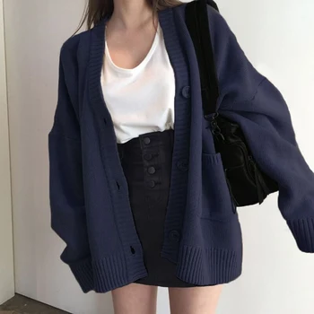2023 Осенний женский свитер, модный Винтажный вязаный кардиган с V-образным вырезом, Корейские свободные однотонные свитера, женские