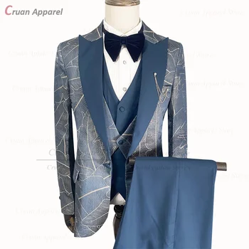 2023 Роскошные синие костюмы для мужчин, комплект из 3 предметов, Модный блейзер с золотым блестящим принтом и жилет, Комплект брюк для выпускного вечера, Свадебные Мужские смокинги