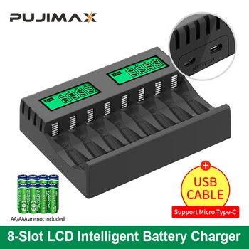 8-слотное зарядное устройство PUJIMAX Подходит для Аккумуляторной батареи типа AAA/AA С защитой От короткого замыкания Светодиодный Дисплей Ni-MH/Ni-Cd USB Зарядное устройство