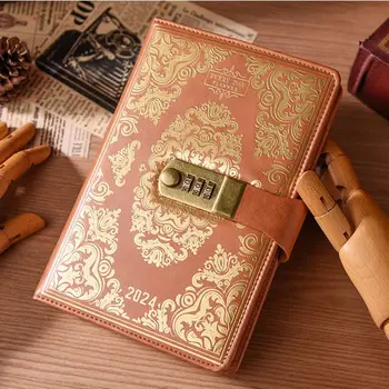 A5 2024 Кодовый замок, журнал, бумага на подкладке, Винтажный кодовый замок, Секретный дневник, общая книга памяти С цветочным тиснением