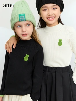 Amii Kids / Новые детские свитера 2023, осенний пуловер с имитацией горловины, модные повседневные вязаные длинные топы для девочек-подростков, 22363003