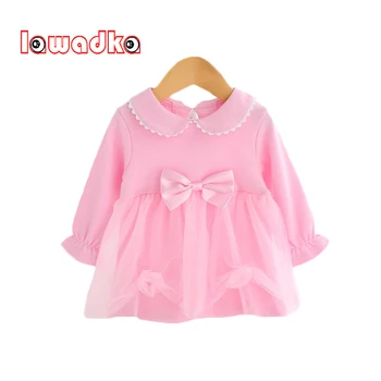 Lawadka Весенние платья для новорожденных девочек, хлопковое платье для маленьких девочек с длинным рукавом и бантом, Розовая одежда для вечеринки на 1-й день рождения принцессы, 3-24 м