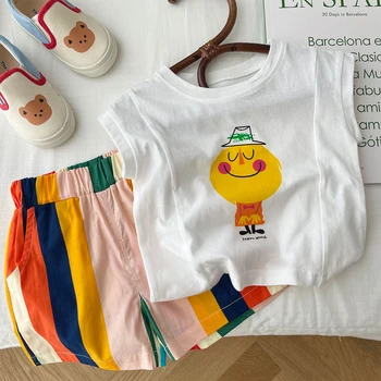 Menoea, Летний комплект одежды для мальчиков и девочек, футболка со смайликом из мультфильма + полосатые шорты, пуловер без рукавов, одежда для маленьких детей