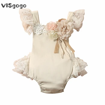 VISgogo, Милый комбинезон для маленьких девочек, рукав-мушка, Квадратный вырез, Кружевной подол, Однотонный комбинезон с цветочным швом, Летняя одежда для малышей 0-24 м