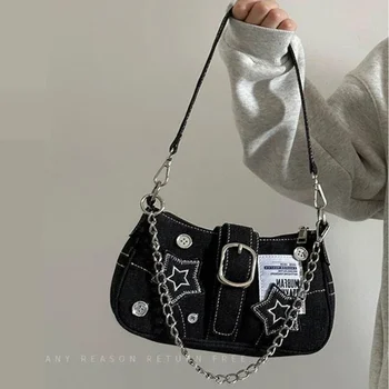 Y2k Модные женские сумки с рисунком звезд, крутая сумка для девочек подмышками, модные холщовые женские маленькие сумки через плечо, кошельки-тоут на цепочке.