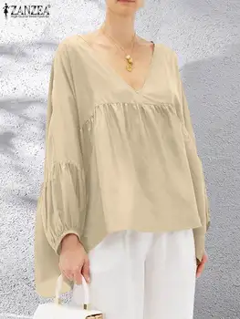ZANZEA / Женские однотонные рубашки, хлопковая блузка оверсайз 2023, Осенняя мода, гофрированные топы с длинным рукавом-фонариком, Повседневная свободная блузка с V-образным вырезом