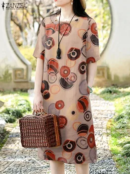 ZANZEA Летнее повседневное платье с цветочным принтом, платья с круглым вырезом и коротким рукавом, женский стильный праздничный сарафан, Элегантное праздничное платье для вечеринок 2024 года