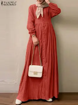 ZANZEA Элегантный Повседневный Сарафан на пуговицах, женское винтажное мусульманское платье Макси с длинным рукавом, осень 2023, Дубай, Исламская одежда, Абая