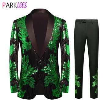 Блестящие зеленые аппликации, Блестящий костюм с брюками для мужчин, Роскошное платье с воротником-шалью на одной пуговице, Смокинг для вечеринки и ужина для жениха