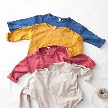 Весенние хлопчатобумажные футболки для маленьких девочек и мальчиков, свободные повседневные футболки для мальчиков с длинными рукавами, детская базовая одежда, топы LZ711