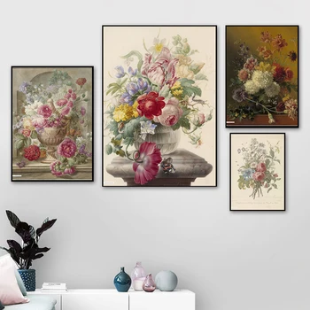Винтажный плакат с растениями, Ретро Ботанический цветок, кабинет, гостиная, Подвесная картина, Пион, Эстетический декор комнаты, Холст, живопись