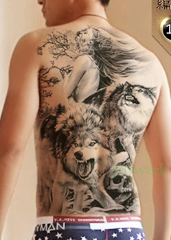 Водонепроницаемая временная татуировка, наклейка с волком и девушкой, татуировка на всю спину, большая татуировка, флэш-тату, поддельные татуировки для женщин