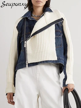 Высококачественная осенне-зимняя модная женская трикотажная куртка 2023 года, сексуальный воротник-поло, джинсовое пальто на молнии с длинным рукавом, приталенного кроя
