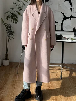 Высококачественное толстое двустороннее шерстяное пальто из Альпаки, Свободные мягкие теплые двубортные шерстяные пальто средней длины для женщин, осень-зима