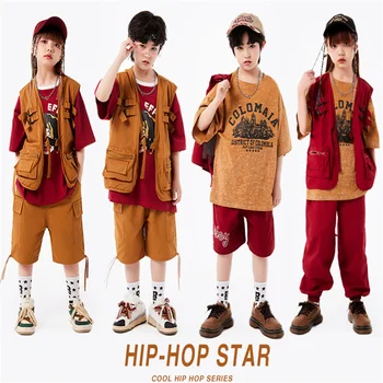 Детская уличная одежда, одежда в стиле хип-хоп, коричневая куртка, жилет, футболка, брюки-карго в стиле хип-хоп, короткие для девочек, одежда для танцевальных костюмов для мальчиков