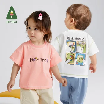Детская футболка Amila, Лето 2023, Новый Милый мультяшный принт, повседневный топ в китайском стиле, Цветная линия кожи, одежда для мальчиков и девочек от 0 до 6 лет