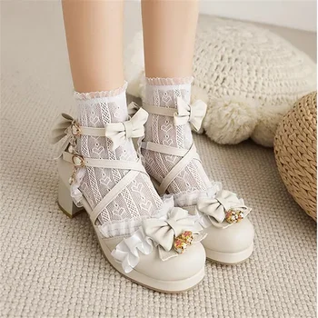 Детские туфли в стиле Лолиты для девочек, Кожаные туфли на высоком каблуке с бантом для принцессы, детские свадебные туфли на толстом каблуке 5 см