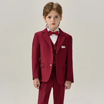 Детский высококачественный красный приталенный костюм, костюм для фотосъемки на свадьбу, день рождения, для мальчиков, детский блейзер, жилет, брюки, наряд с бабочкой
