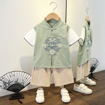 Детский костюм Тан, Комплекты летней одежды для мальчиков с коротким рукавом, удобные топы с вышивкой Hanfu, шорты, китайская одежда в стиле ретро от 0 до 7 лет