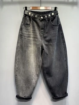 Женские осенние джинсовые брюки по щиколотку оверсайз с высокой талией в тон, уличная одежда, свободная эластичная талия, винтажные мешковатые джинсы