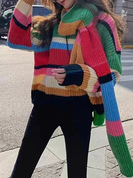 Женский весенне-осенний вязаный свитер с длинным рукавом, разноцветный полосатый трикотаж с шарфом