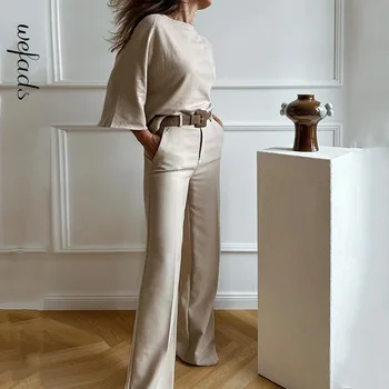 Женский комплект из двух предметов Wefads, осенний простой однотонный офисный пуловер с круглым вырезом и коротким рукавом, топ, Свободные широкие брюки, комплект без пояса
