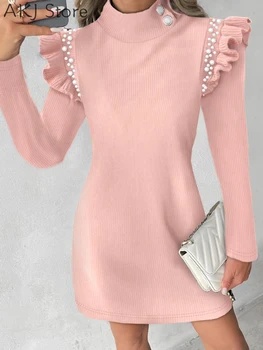 Женское повседневное платье в рубчик с длинным рукавом, расшитое бисером