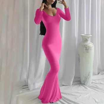 Женское сексуальное тонкое обтягивающее длинное платье с V-образным вырезом, модное эластичное платье длиной до пола, повседневное однотонное платье с длинным рукавом