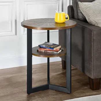 Журнальный столик для гостиной, 2-ярусный телефонный столик, Круглая сторона дивана из массива дерева, Металлическая ножка, Тумбочка, мебель для дома, столы для чая