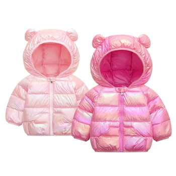 Зимняя куртка для маленьких девочек на 1 2 3 4 5 лет, однотонное блестящее теплое пальто для маленькой принцессы, верхняя одежда на молнии с капюшоном, детская одежда