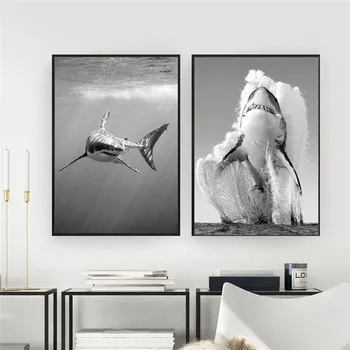 Картина с животными на холсте Большая Белая акула, черно-белые настенные художественные плакаты и принты, Монохромная картина с природой, Картина для домашнего декора