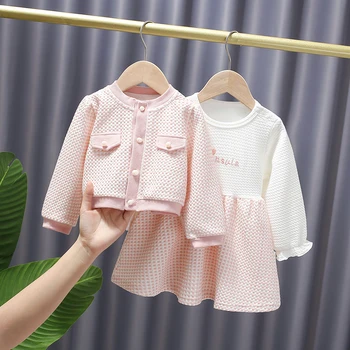 Комплект розового платья для маленькой девочки, Новое весенне-осеннее однобортное пальто с длинными рукавами + платье в цветную полоску, 2 шт., милые детские комплекты