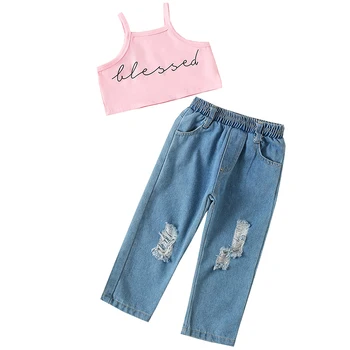 Комплекты летней одежды для девочек из 2 предметов, модные топы без рукавов с буквами + джинсы с дырками, бутик детской одежды BC2401-1