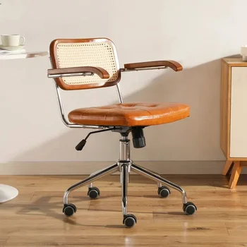 Компьютерный стул из японского ротанга, Вращающийся стул в стиле ретро, Удобное сиденье для рабочего стола, Дышащий Подлокотник, Ротанговый стул, Офисная мебель