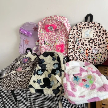 Корейский Y2k Star в стиле пэчворк, Эстетичный Рюкзак для милой девушки, Модный школьный рюкзак с леопардовым рисунком для студентов колледжа, Универсальные сумки Mochila