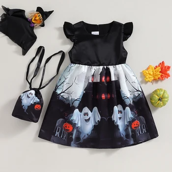 Костюм На Хэллоуин для маленьких девочек с рисунком мультяшного призрака, летящий рукав, круглый вырез, платье трапециевидной формы, сумочка, детская одежда