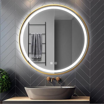Круглое зеркало для макияжа в скандинавском стиле в ванной комнате с умной золотой рамой, 3 цвета, Эстетичный Диммер для защиты от запотевания, Декор стен туалетного столика