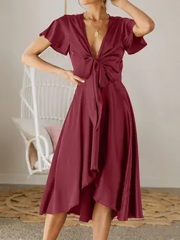 Летнее атласное платье 2023, женское Длинное Элегантное вечернее платье, женские платья трапециевидной формы с коротким рукавом, свободные платья с V-образным вырезом для женщин XXL