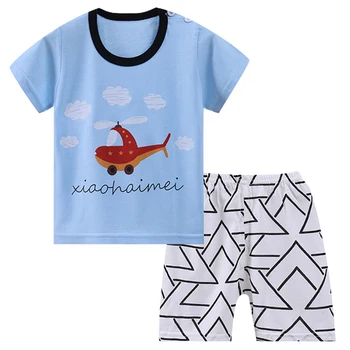 Летние комплекты одежды для мальчиков из 2 предметов, повседневные хлопковые топы с милыми героями мультфильмов, свободные Топы с короткими рукавами для малышей + Шорты в полоску, Одежда для малышей BC2096