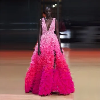 Макси-платья градиентного цвета с цветочным рисунком, бальное платье с оборками, аппликации из 3D цветов, Милые вечерние платья из тюля, очень Пушистые