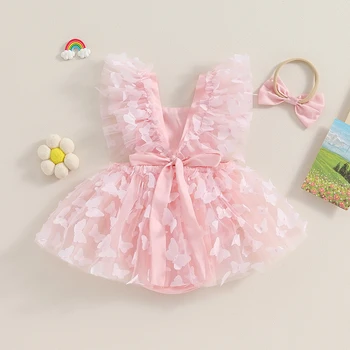 Милое Летнее платье-ползунки для новорожденных девочек с 3D-бабочкой, Летящий рукав, Квадратный Вырез, Тюлевый комбинезон, Повязка на голову 2023
