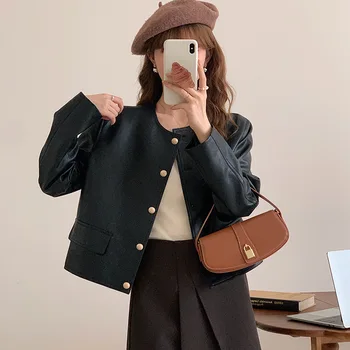 Модная короткая кожаная куртка для женщин ранней осенью 2023 года, новая корейская куртка из искусственной кожи с круглым вырезом, топ
