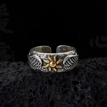 Модные тайские серебряные кольца с крыльями Подсолнуха для мужчин и женщин, ретро двукрылое открытое кольцо на указательный палец, ювелирные изделия в готическом стиле, аксессуары в подарок