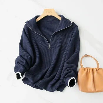 Модный осенний вязаный свитер с высоким воротом и застежкой-молнией от NewNavy Blue Fungus для женщин