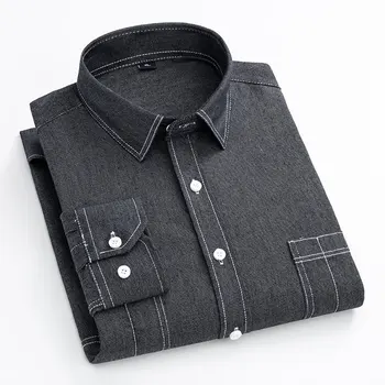 Мужская джинсовая рубашка с длинным рукавом и карманом, классический деловой офисный дизайн, повседневная рабочая одежда, высококачественная джинсовая мужская одежда