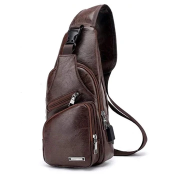 Мужская нагрудная сумка с зарядным портом, USB-сумка, ретро-кроссбоди, винтажная деловая сумка из искусственной кожи, спортивная сумка темно-коричневого цвета