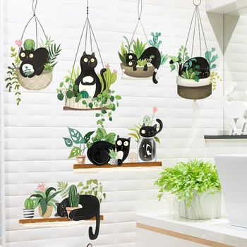Наклейки на стены с зелеными растениями в горшках, Подвесные корзины с наклейками на стену в виде черной кошки и бабочки, Съемные фрески для художественного оформления, украшения для дома